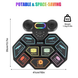 ชุดกลองอิเล็กทรอนิกส์ 9 แผ่น, ชุดกลองอิเล็กทรอนิกส์แบบพกพาบลูทูธ, แผ่นกลองฝึกซ้อมแบบม้วนได้, ลำโพงคู่ในตัว ของขวัญสำหรับเด็ก - Product Image 2