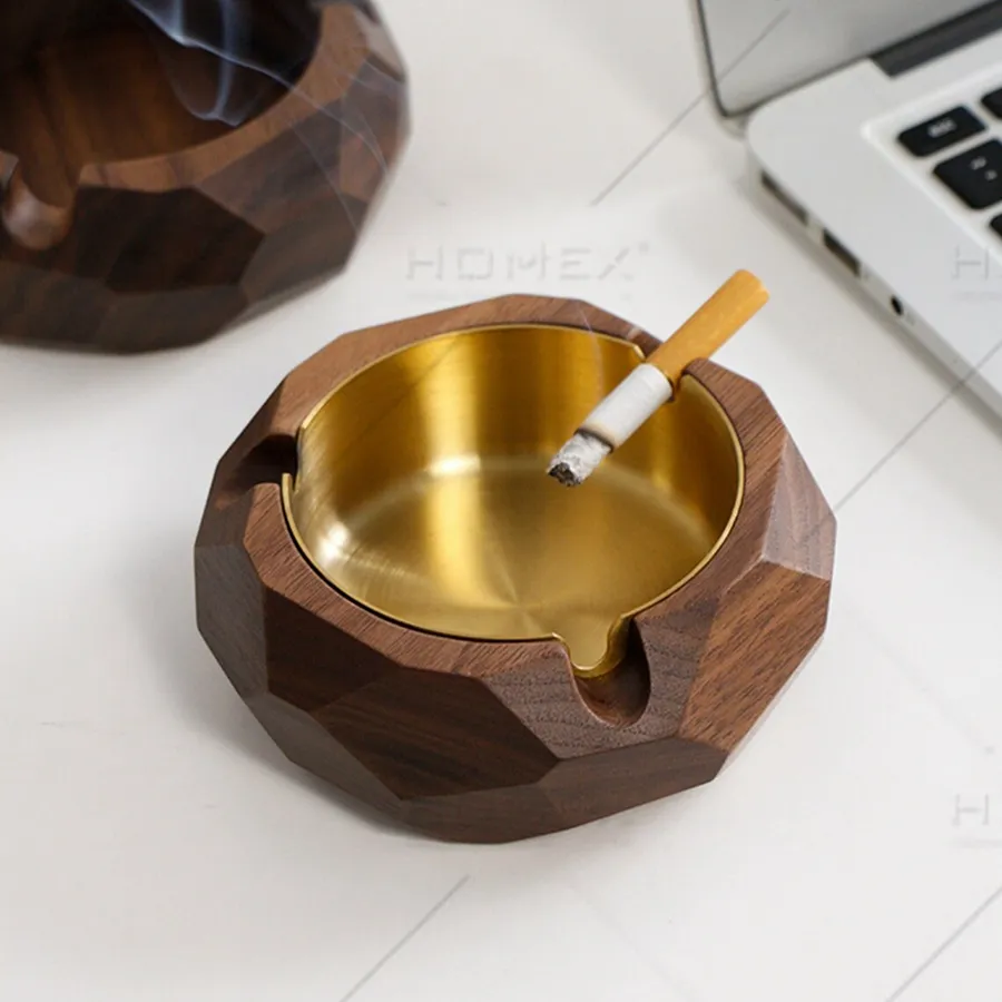 Solid Walnut Cigarette Ashtray Unique Platonic Ash Tray with Gold Ash Catcher Indoor & Outdoor Decorative Ashtray