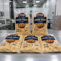 Vente en gros d'anneaux d'oignon pré-frits dorés et croustillants, approvisionnement en vrac, aliments surgelés en emballage en sachet