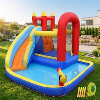 Château gonflable commercial avec piscine à jets d'eau, canon à eau, rouge et bleu, en PVC anti-UV, combo pour location de fêtes d'enfants