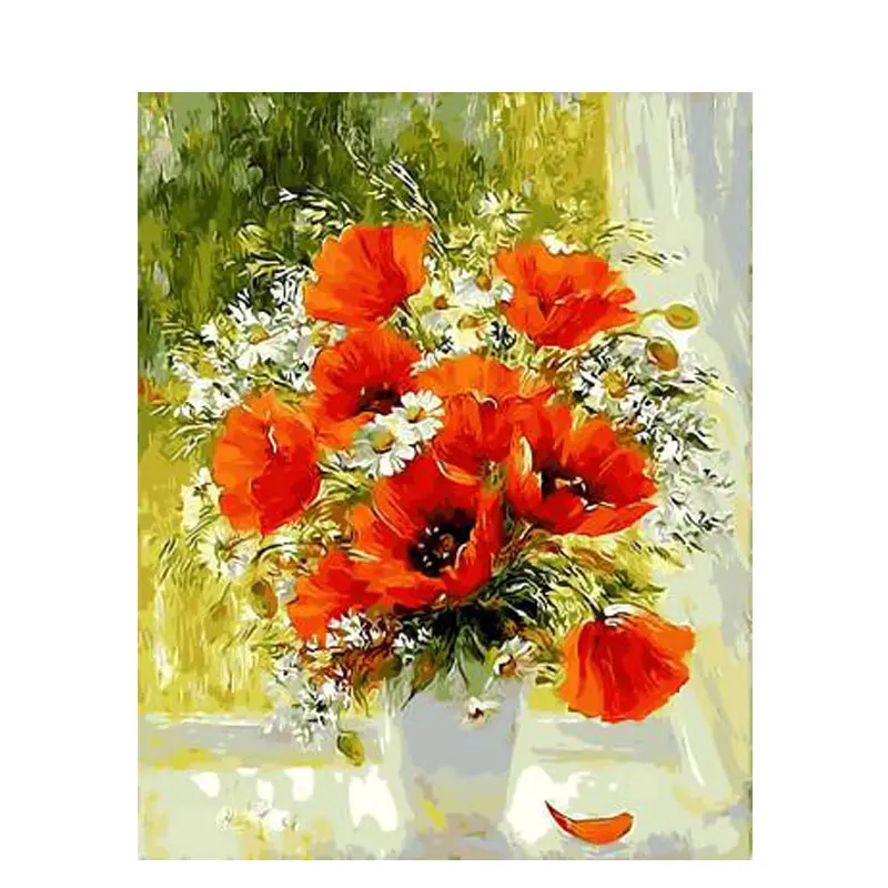 Poppies vermelhos bonitos em vaso branco, faça você mesmo, pintura a óleo por números para decoração