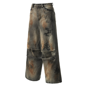 Jean en denim premium pour hommes, coupe droite vintage, effet vieilli, teint à la <span class=keywords><strong>boue</strong></span>, plissé, style baggy, pour femmes, jean homme - Product Image 4