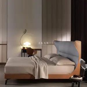 Роскошная современная мебель для спальни кожаная обивка с крыльями для спинки изголовья кровати большого размера