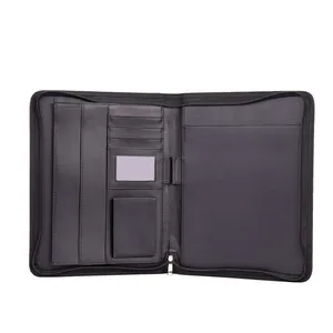 Customized Conference Large Capacity Black PU Smooth Leather Business A4 Portfolio Document Bag Zipper File Folder