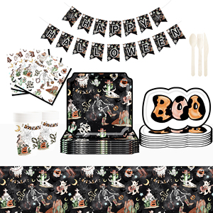 DAMAI New Style Denim-themed Skull Square Paper Plate and Cup Set for Halloween Party Supply - Product Image 1