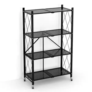 4 Tier Metal Folding Storage Rack Metal Storage Household Kitchen Shelf With Rotating Wheels