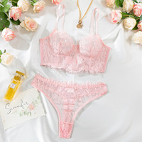 CHUANGERM Spot 2025 Vente Flash Lingerie Sexy Femme Broderie Corset et Culotte en Maille avec Anneau en Acier Ensemble 2 Pièces Dentelle