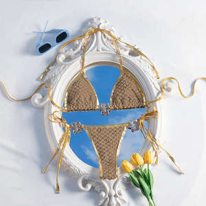 Viviblook Z325ST02 Women Summer Bikini Set New Sexy <b>Backless</b> Lace Up Bra Thong Two Piece Swimsuit Set - Product Image 1