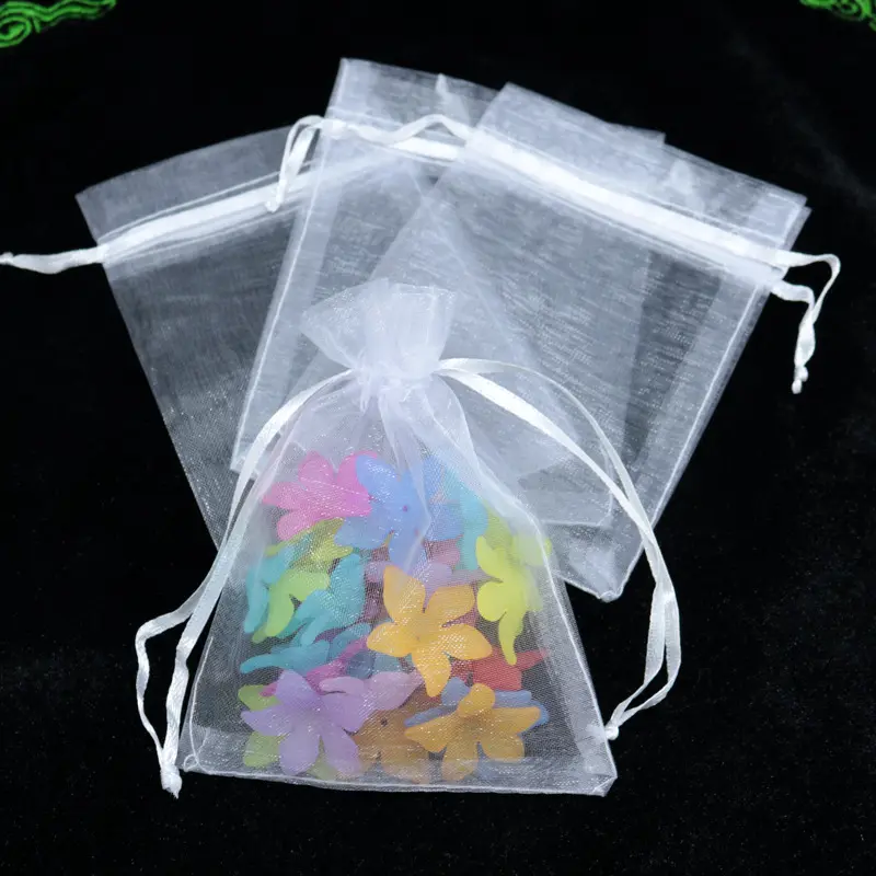 Оптовая продажа, прозрачные подарочные пакеты из органзы, сетчатый мешочек на шнурке для ювелирных изделий, сумки для конфет