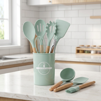Ensemble d'ustensiles de cuisine en silicone 12 pièces, vert menthe, manche en bois, kit d'outils de cuisson résistant à la chaleur pour wok et ustensiles de cuisine