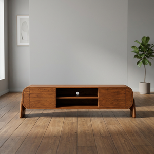 Console TV en bois de manguier massif avec étagère de rangement ouverte, meuble multimédia en bois de style moderne du milieu du siècle - Product Image 1