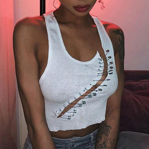 talla Sexy Clubwear mujer ropa Pin decoración Color sólido delgada sin mangas Top corto blanco Sexy parte superior del tanque - Product Image 2