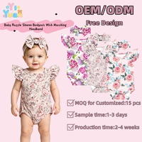 Pasgeboren babymeisjes romperset met ruches aan de schouder en korte mouwen, overal bloemenprint, bijpassende strikhoofdband, zomerkleding