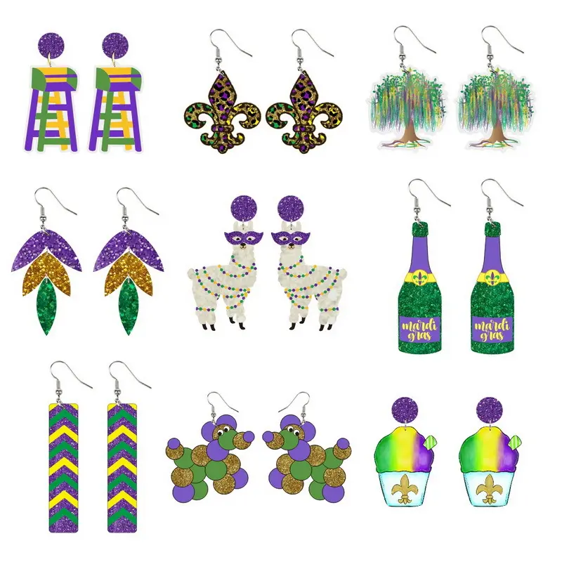 Hot Selling Mardi Gras Earrings Geometric Acrylic Carnival Stud Earrings for Women