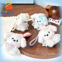 Porte-clés peluche chiot en dentelle de 4 pouces avec nœud en satin blanc, animal en peluche moelleux, logo personnalisé, en stock, usine de jouets en peluche
