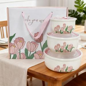 Tulip Bone China Color Enamel Rice Bowl Fresh-Keeping Three-piece Gift Box Camping Classic Food Serving <b>Container</b> - Product Image 1