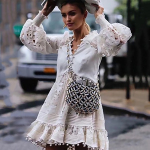 White V-neck <b>Lace</b> Dress <b>Elastic</b> Waist A-Line Casual Daily Wear Women's Long Sleeve Midi Skirt 2113 - Product Image 3