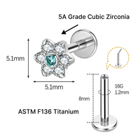 Perhiasan Tubuh JiaXin ASTM F136 Titanium Threadless Push Pin Flat Back Labret Stud untuk Bibir, Tragus, Helix, Conch, Tulang Rawan, Berbentuk Bunga dengan CZ, Ukuran 16G