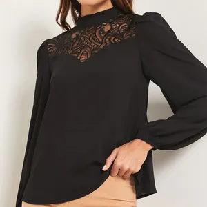 Elegant Black Shirts Lace Collar Ruffle Balloon Sleeves Round Neck Solid Color Blouses Loose Plus Size Shirts and Blouses