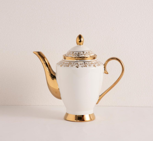 Vajilla y Juego de Té de Porcelana Fina, Color Blanco con Diseño Floral Dorado, Borde Festoneado, Plato, Tazón, Tetera, Regalo para Bodas y Hoteles - Product Image 4