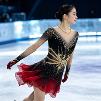 Robe de patinage artistique à manches longues en maille, dégradé noir et rouge, col en V, dos profondement ouvert, ornée de strass dorés, pour performance