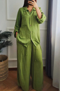 Completo da <span class=keywords><strong>donna</strong></span> taglie forti 2026 in cotone e <span class=keywords><strong>lino</strong></span> tinta unita, casual, ampio, con camicia e <span class=keywords><strong>pantaloni</strong></span> a gamba larga, 2 pezzi - Product Image 4