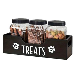 <b>Dog</b> <b>Treat</b> Storage Box With 3 Jars Wooden Desktop <b>Container</b> For Pet Food And Snacks Rectangular Handle Design Solid Color - Product Image 4