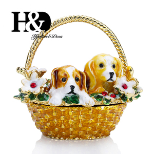H&D Hinged Metal Trinket Box Hand Painted Bejeweled Boxes Jewelry Ring Holder Collectives Wedding Decor Basket w/ Dogs Xmas Gift