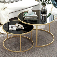 Meubles de maison minimalistes Tables gigognes en métal avec dessus en verre noir Table de canapé ronde Table basse en verre trempé