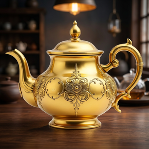 Théière vintage dorée avec couvercle et poignée, pot à eau en métal au design décoratif - Product Image 5