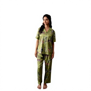 Custom Women's Printed <b>Satin</b> <b>Pajama</b> Set <b>Short</b> Sleeve Button Down Sleepwear Two Piece Set - Product Image 1