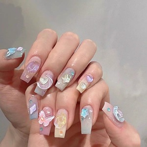 <span class=keywords><strong>Uñas</strong></span> postizas largas tipo ataúd con arte celestial de ensueño, dijes 3D de luna, estrellas y mariposas, estilo fantasía de alta gama, venta al por mayor - Product Image 4