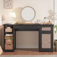 Bureau d'ordinateur en rotin avec tiroirs et armoire de rangement, bureau d'écriture en bois avec prises de courant pour bureau à domicile