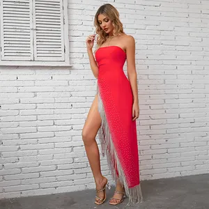 2024 moda yüksek kalite boncuk askısız parti elbise Bodycon kırmızı seksi tasarımcı bayanlar giyim balo