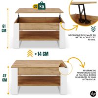 Table basse relevable DNF avec compartiment de rangement caché - Design industriel moderne - Plateau réglable 45-61 cm - Métal - Meubles pour la maison