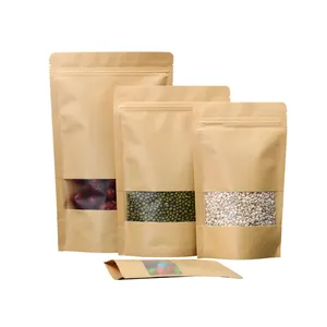 Customized Kraft Brown Paper Standing Food Grade Packaging Pouch Stand Up Pouches With Translucent Window