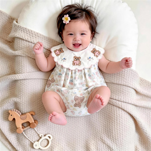 Combinaison en coton pour bébé fille Angou Baby's Summer Floral Hare, adorable barboteuse à motif d'ours, tenue fine sans manches, vêtements pour bébé - Product Image 1