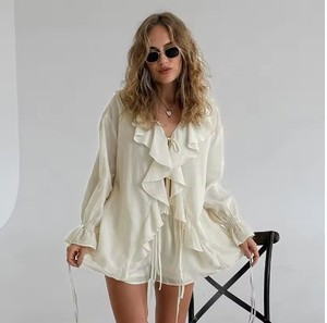 Ensemble chemise et short pour <span class=keywords><strong>femme</strong></span>, style français vintage, tissé à motifs floraux, col en V, à volants, décontracté, à nouer, deux pièces, été - Product Image 3
