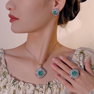 Fashion Eco-friendly Copper Gold Plated 14-10mm Paraiba Green Zircon Floral Necklace <b>Earrings</b> Ring <b>Set</b> Personalized Jewelry <b>Sets</b> - Product Image 6