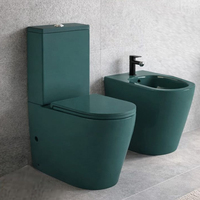 Ensemble WC monobloc et bidet sur pied, en céramique vitreuse sanitaire, finition doré mat, avec réservoir à double chasse.