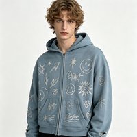 Sweat-shirt à capuche zippé épais, effet délavé vintage, imprimé intégral, style streetwear, motif bleu effet pulvérisé