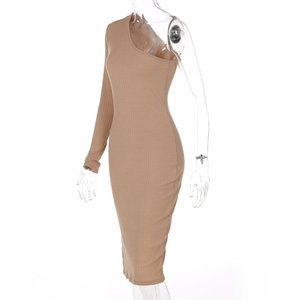 Abito Midi monospalla a righe tinta unita lavorato a maglia da donna manica lunga - Product Image 6