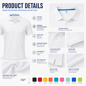 Polo de performance personnalisé avec logo, séchage rapide, respirant, uniforme d'équipe de golf, vente en gros, hommes, femmes, OEM, ODM, plusieurs couleurs, blanc - Product Image 4