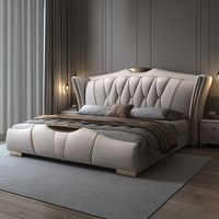 Lit de Luxe en Cuir Véritable Rembourré, Design Postmoderne, Grand Format, Cadre en Chêne, Grand Espace de Rangement, Assemblé, Élégant pour Mariage