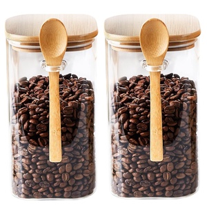 Airtight Lid Square Kitchen Home Storage <b>Glass</b> Jars <b>Containers</b> with Bamboo Lids and Spoon - Product Image 1