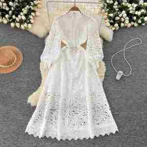 Vestido Maxi Casual de Mujer con Manga Linterna, Corte A, Transpirable y Ecológico, Tejido, con Encaje Hueco, Morado, Colección Otoño 2024 - Product Image 3