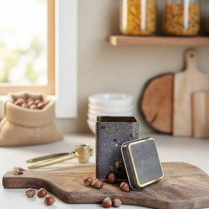 0.5L Square <b>Metal</b> Tin Container 75x75x102mm Slip Lid Terrazzo Brown Recyclable and Embossed Logo for Food Mint Candy Storage - Product Image 3