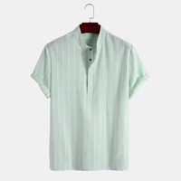 Kemeja Pria Lengan Pendek Motif Garis Kasual Bahan Linen Berkualitas Tinggi Kerah Tegak Model Longgar untuk Musim Panas dan Pantai, ODM