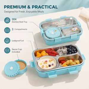 Cute Rectangle Stainless Steel Lunch Box 3 Compartments Portable Bpa Free Leak Proof Food <b>Container</b> with Clear <b>Lid</b> and Soup Jar - Product Image 1