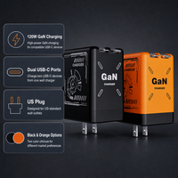 Chargeur GaN 120W double USB-C, adaptateur mural à charge rapide OTP/OVP, prise US pour MacBook/ordinateur portable, noir/orange, voyage